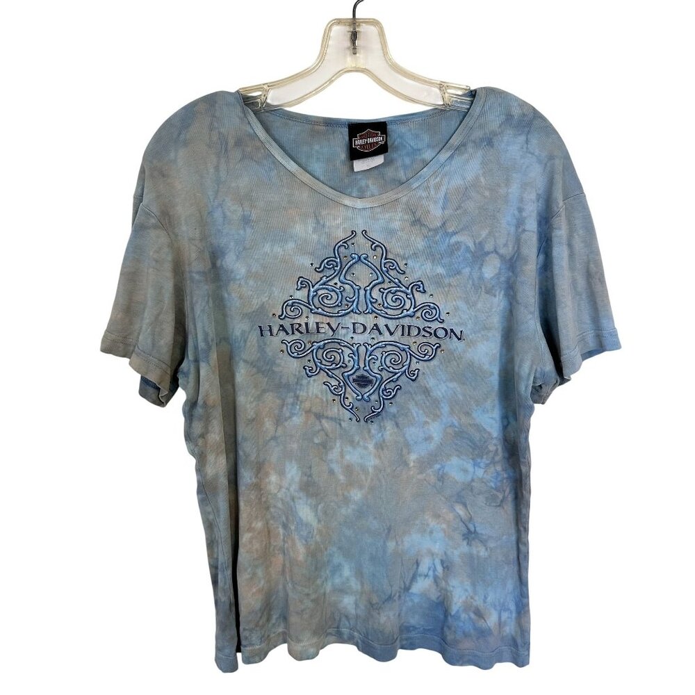 Harley Davidson Blue Tie Dye Embellished Graphic T Shirt XL 100% Cotton Womens
